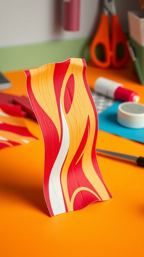 Colorful 3D paper bacon model on a crafting table with scissors and glue.